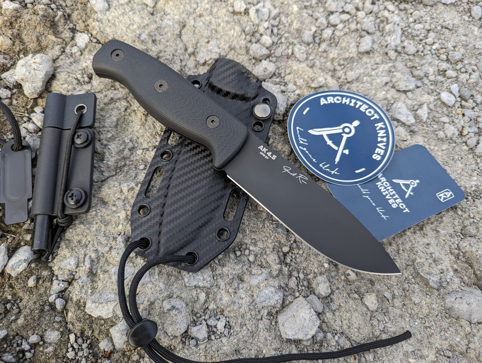 Architect® AK 4.5 "Blackout" - CPM-3V Black Cerakote Steel - Carbon Fiber Kydex Sheath - Black G10 Handle